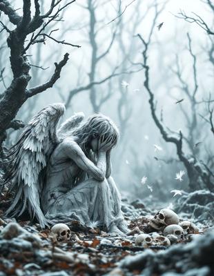 The primary subject of the image is a white angel figure, possibly a statue or a drawing, sitting on the ground in a forest. The setting is a forest with trees and a sky background. The visual style appears to be a digital art or illustration, creating a surreal and artistic atmosphere. The colors are predominantly white, which adds to the serene and peaceful mood of the scene.